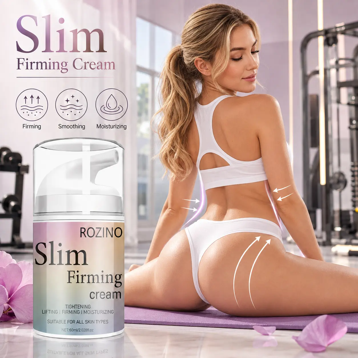 ROZINO Slim Firming Cream - Moisturizing Body Cream for Smooth & Firm-Looking Skin, Body Care Lotion for Waist, Arms, Legs & Abdomen, Hydrating Smoothing Formula, Daily Skin Care Treatment, 60ml
