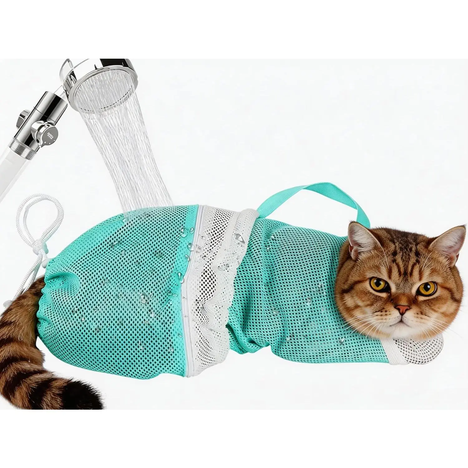 Cat Bath Mesh Bag, Portable Mesh Shower Bag, Cute Safe Adjustable Drawstring Design Travel Bathing Bag for Cats Grooming, Grooming Supplies，Nail Trimming, Injection， Bath accessory, pet tools Clean Calming
