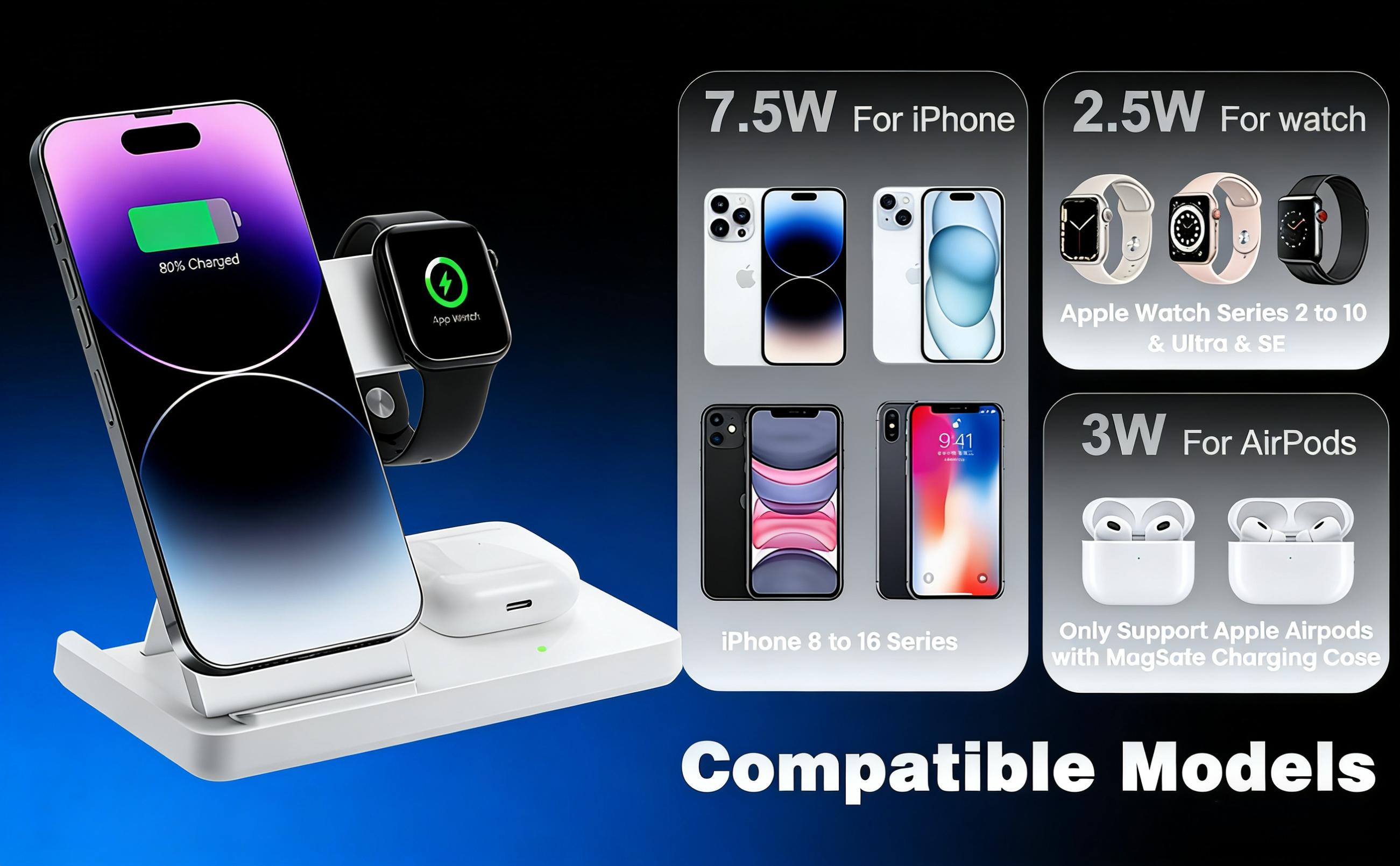 3 in 1 Magnetic Wireless Charger Qi2 15W Fast Charging Station for iPhone Apple Watch AirPods