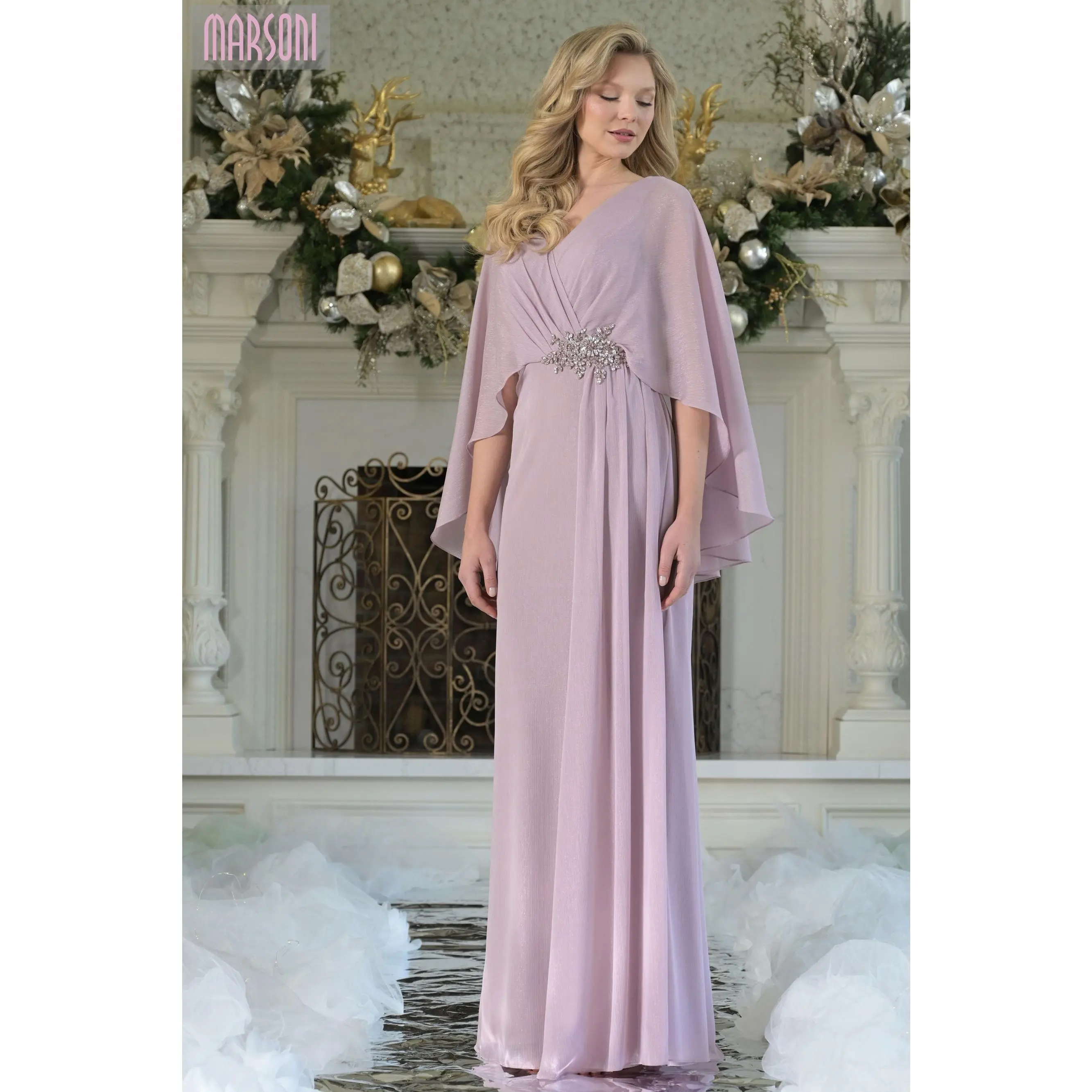 Marsoni by Colors -MV1361 V-Neck A-line Metallic Chiffon Gown