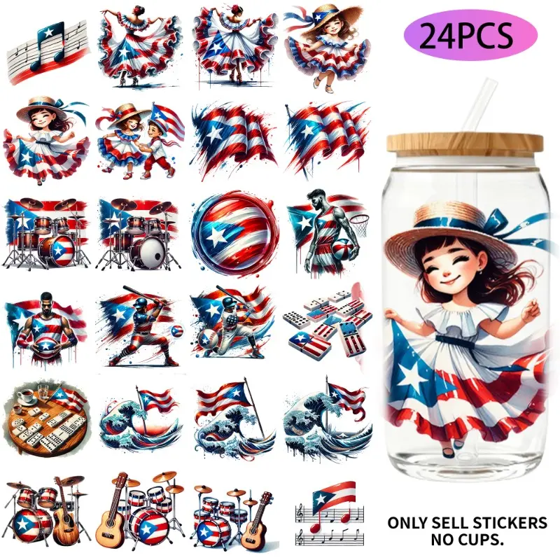 UV DTF Transfer Stickers - 24 pieces/set, Sticker Packs, Crafts, Vinyl Decal Sticker, Puerto Rico Theme, UV DTF 16OZ DIY transfer stickers suitable for 16-ounce water bottles, glass bottles, laptops, home decoration DIY, high-viscosity transfer paper