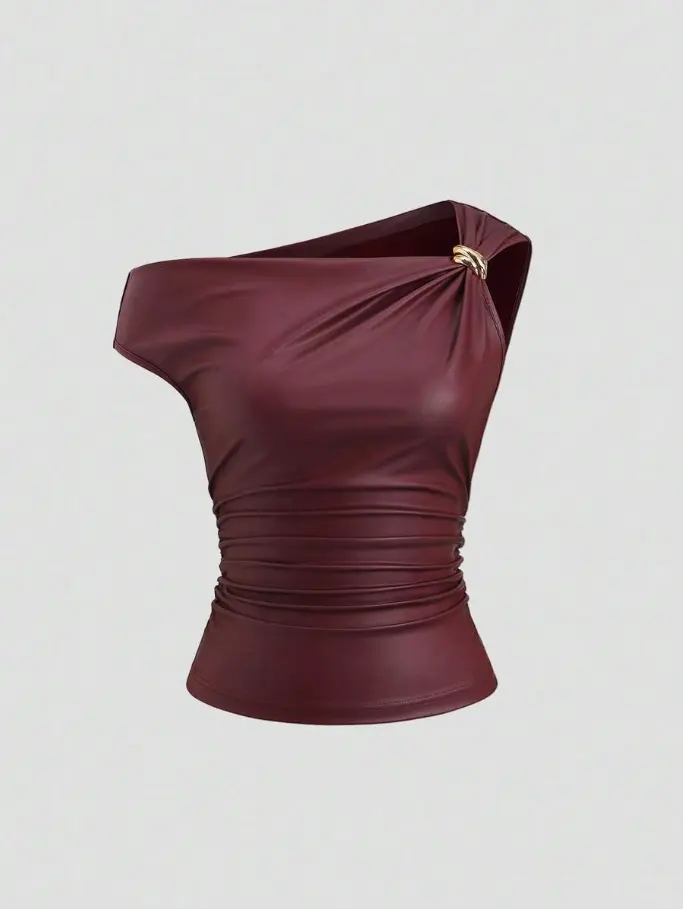 LUNA LAYER Womens Leather Metal Decor Asymmetric Neck Casual Slim Fit Top