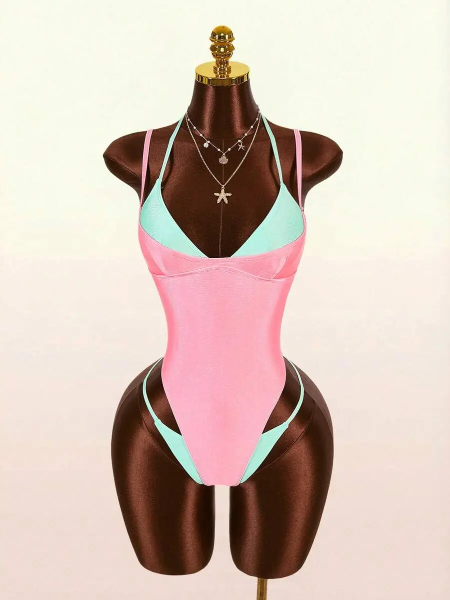 Women's Sexy Avant-Garde Swimsuit, Contrasting Fuchsia And Yellow, Suitable For Beach Vacation