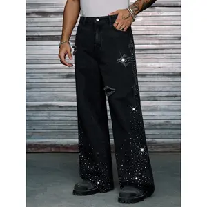Men's Cotton Denim Pants with Rhinestone Star Design Black Washed Distressed Baggy Wide Leg Casual Jeans
