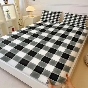 Classic Black White Plaid Fitted Sheet Set(One Fitted Sheet and Two Pillowcases), All-Round Anti-Slip Stain-Resistant Mattress Cover, Durable Easy-Care Bed Protector for Home Bedroom Dorm All Seasons