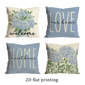 Set of 4 Blue Hydrangea Pillow Covers - Farmhouse "Welcome Home Sweet Home" Decorative Throw Pillow Cases, Floral Home Decor for Sofa Couch Bedroom Living Room