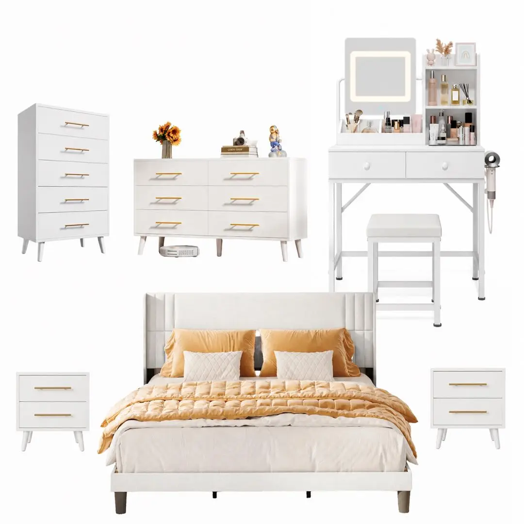 GIZOON 6-Piece White Indoor Bedroom Dressing Set - Queen Bed Frame, LED Mirror Makeup Vanity, 5-Drawer Dresser, 6-Drawer Dresser, 2 Nightstands