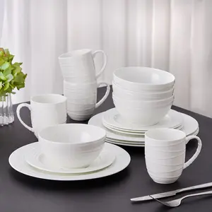 【Spring Deal】Silvanest Modern White Dinnerware Set for 4 | Perfect Housewarming Gift | 16-Piece Textured Ribbed Plates and Bowls Set | Dorm & Apartment Essentials