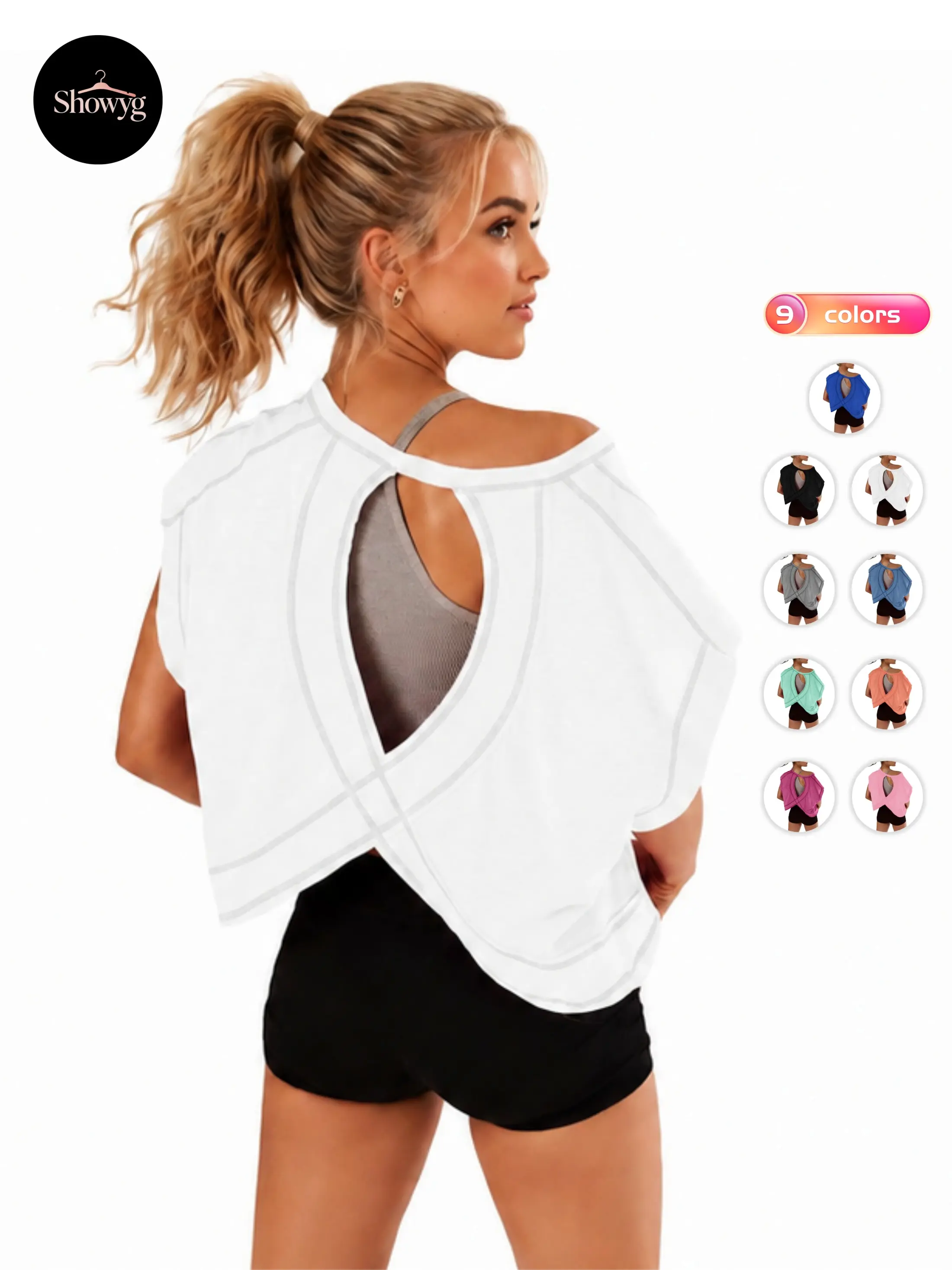 Showyg Women Short Sleeve Workout Shirts Open Back Tops Casual Yoga Y2k Athletic Gym Slouchy Crop Running Tees