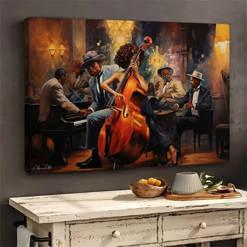 Artistic African American Jazz Band Framed Canvas Print - Pine Wood Frame, Creative Design Vibrant Jazz Music Print, House Decor Inspo, Modern Wall Decoration, Ideal Living Room Gift, Creative Design Print, Vibrant Print