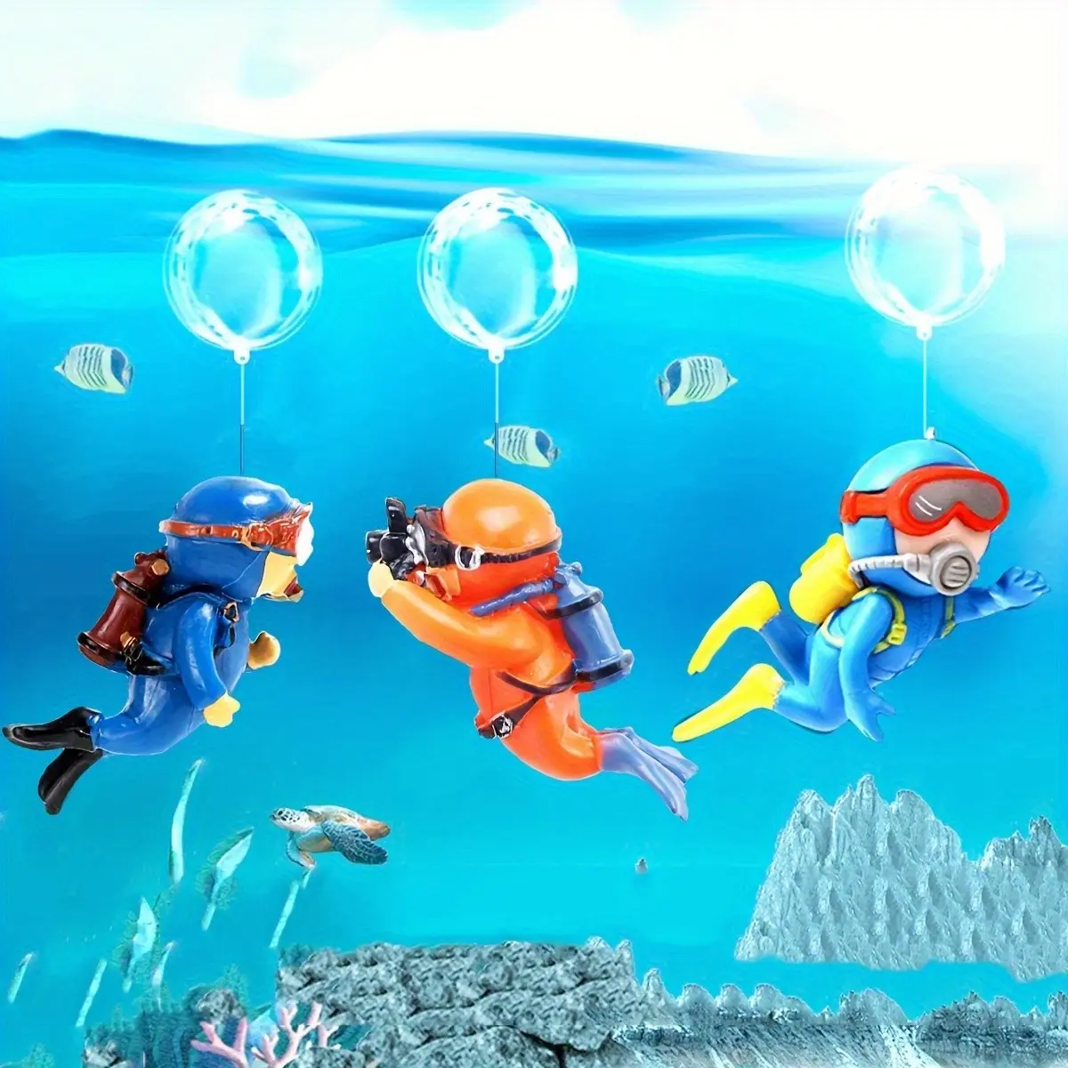 3-Piece Diver Aquarium Decor Set, Plastic Fish Tank Ornament, Submersible Theme Bubble Design, Ideal Aquatic Decoration Accessories, Aquarium Decorations