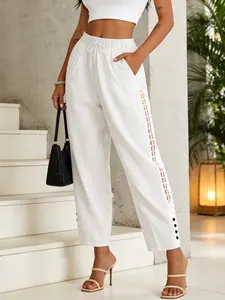 Women’s High Waist Drawstring Pants, Adjustable, Lace Patchwork, Breathable Fabric, Boho Chic, Casual, Vacation Outfit, Beach, Daily Wear, Womenswear, Bottom