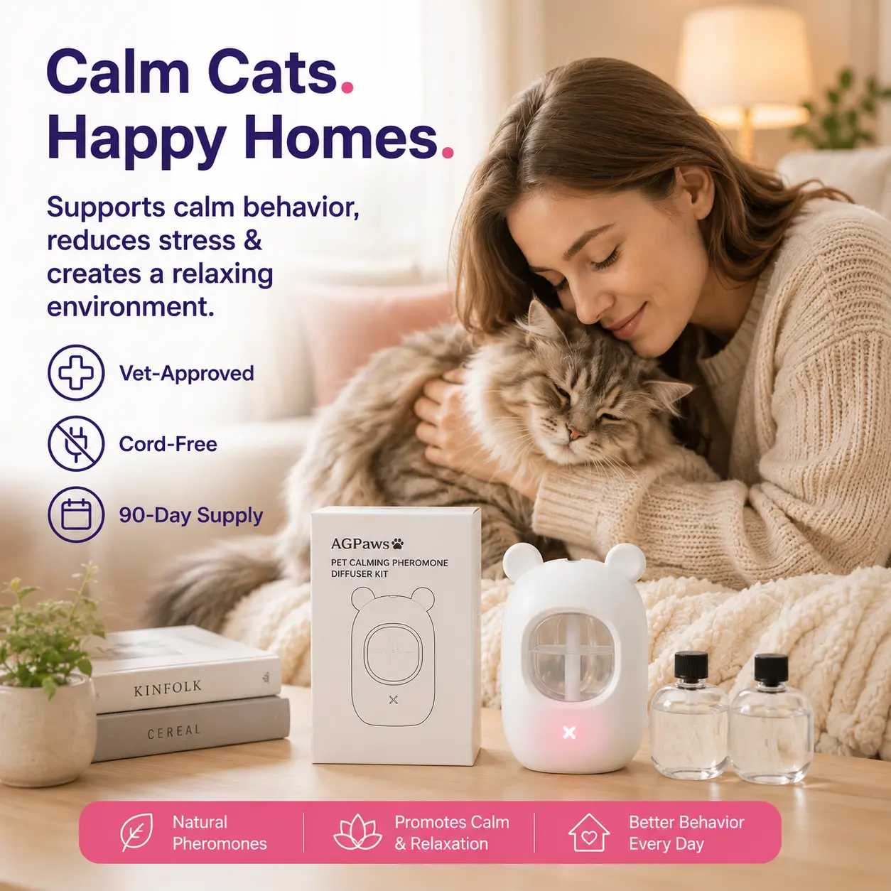 Cat Calming Pheromone Diffuser – Stress & Anxiety Relief, Keep Cats Calm & Comfortable at Home