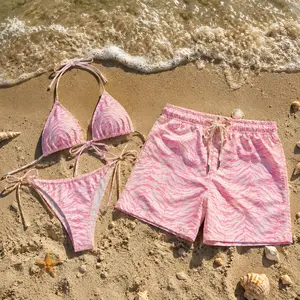 Pink Zebra Print Bikini Set & Men’s Swim Shorts – Matching Couple Beachwear, Y2K Aesthetic Summer Swim Outfit, Sexy Tie-Side Bikini Vacation Look