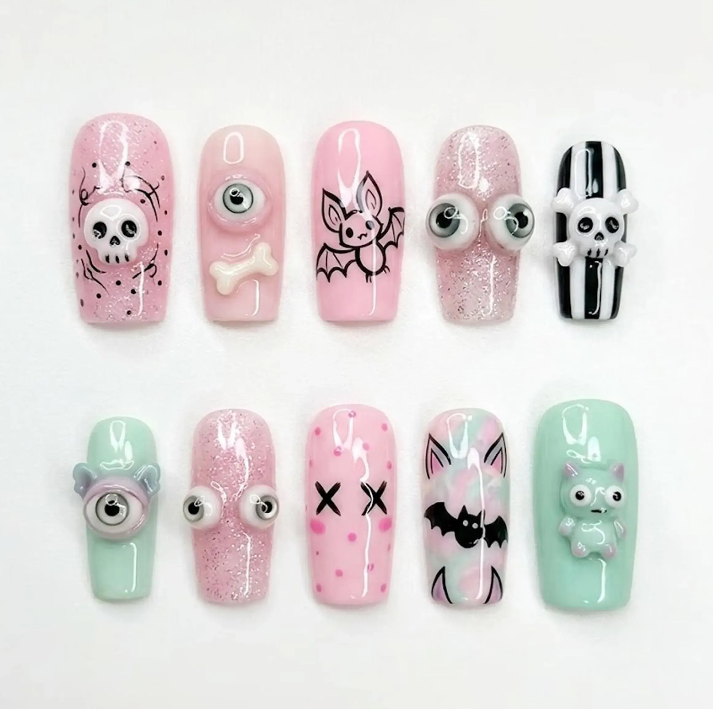CREEPY CUTE | Handmade 3D Eyeball & Skull Press On Nails | Pastel Goth Bat Fake Nails | Spooky Kawaii Aesthetic | Custom Glitter Coffin Set 2026