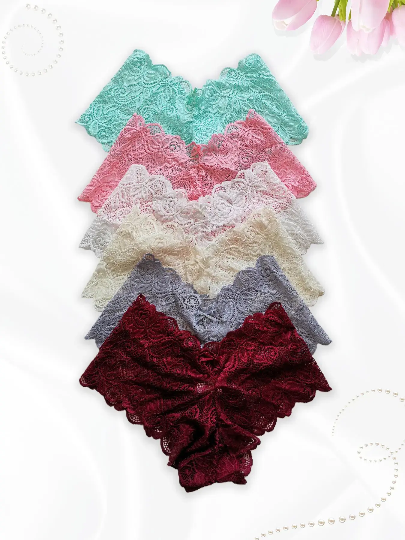 Women Floral Lace V-Shape Panties Bow Decor Seamless One-Piece Yoga Style Underwear Multicolor Soft Breathable Stretch Intimates Daily Casual Workout Lingerie Essential Holiday Gift For Ladies Teen Girls