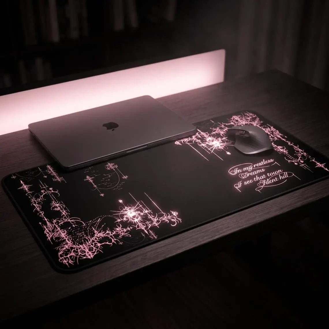 Pink Silent Hill Gothic Chandelier Script Desk Mat | Black Keyboard Mouse Pad