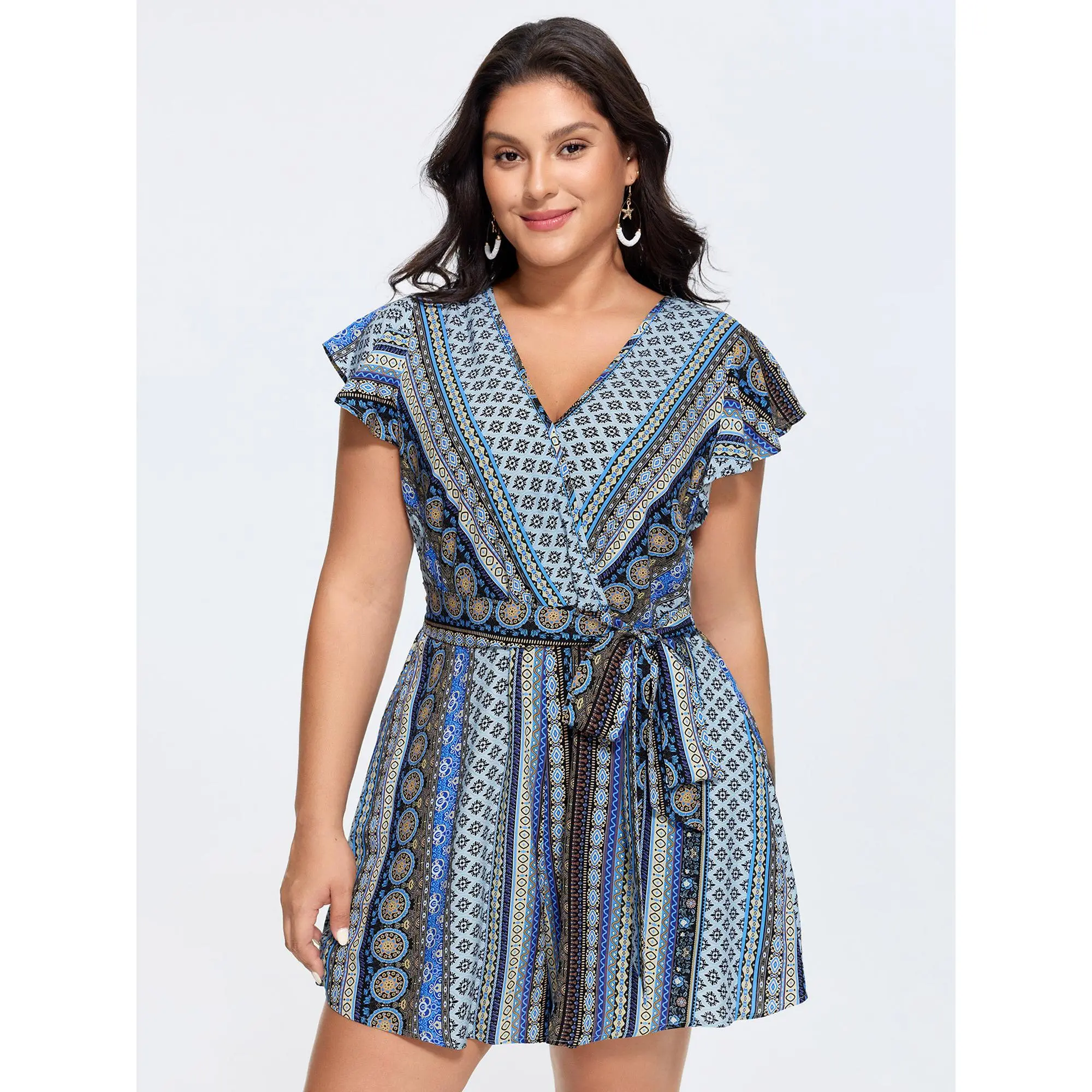 BloomChic Women's Plus Size Back-Tie Romper Overalls - Boho Stripes, Smooth Rayon Fabric, Smocked Design, Side Pocket, Regular Length