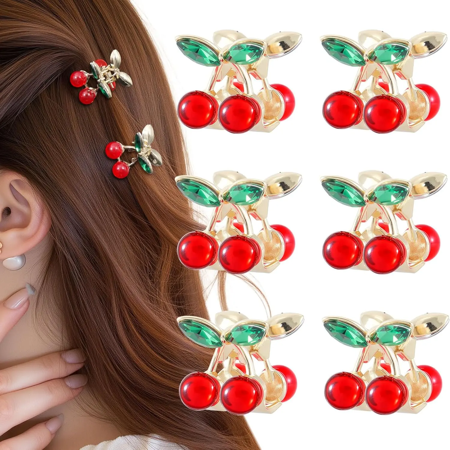 6 count Rhinestones Cherry Small Hair Clips-Mini Claw Clips for Women, Metal Springs, Cute Hair Accessories for Updo and Half Up Styles (Green Cherry)