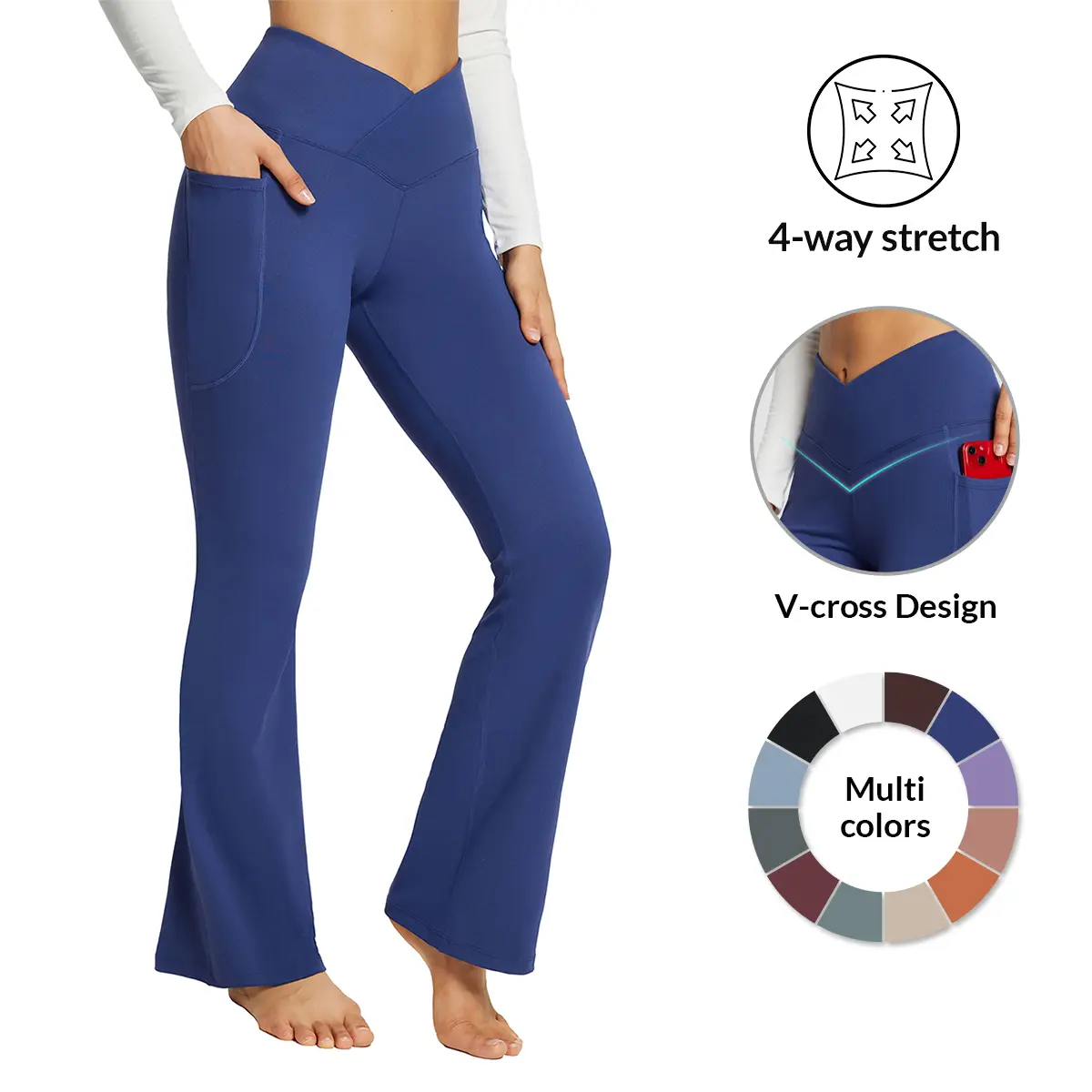 Baleaf Women's 29'' Inseam High Waist Crossover V-Cut Flare Leggings - Khaki Sports Bottoms with Pockets for Workout, Lounge
