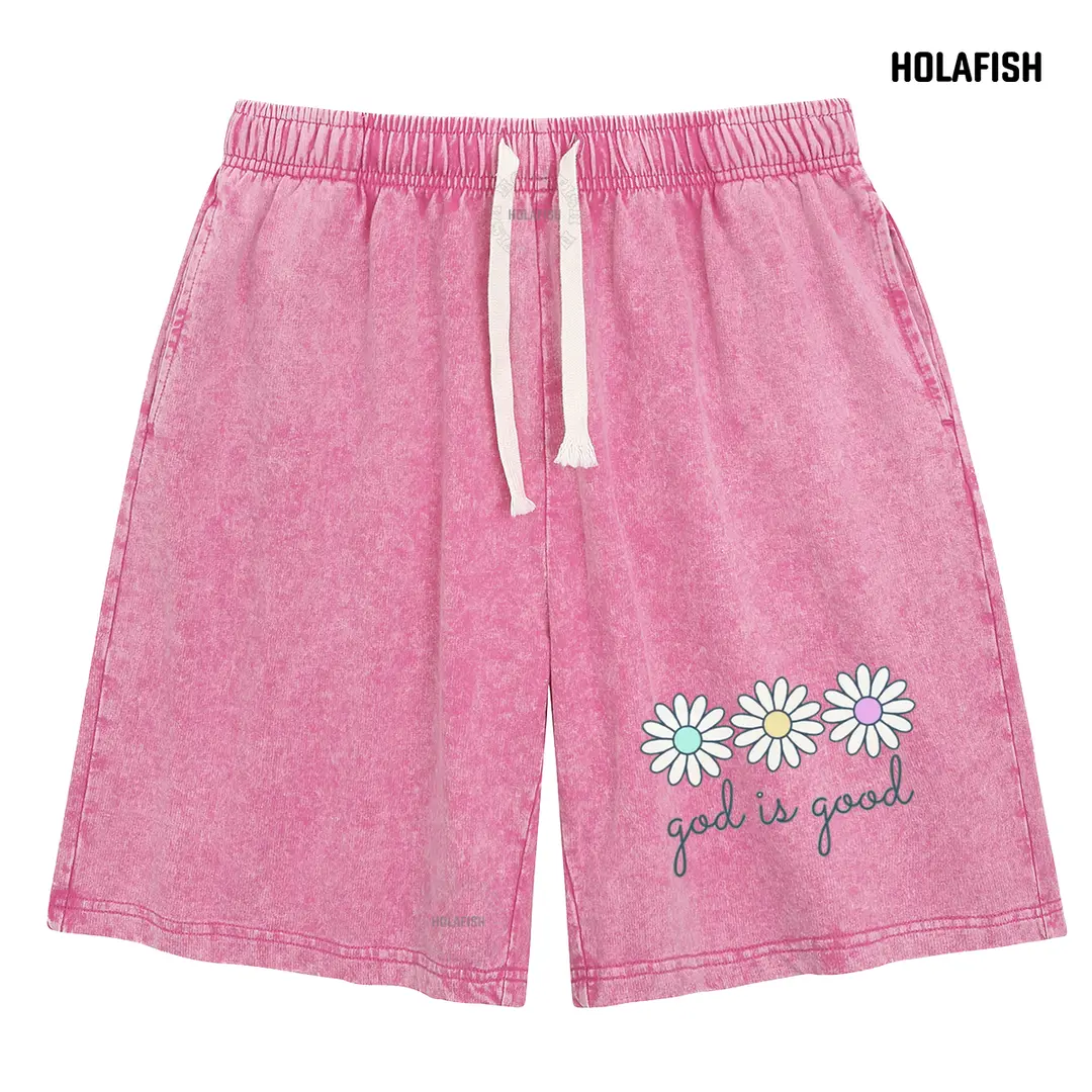 Holafish Women's Retro Acid Wash Above-Knee Cotton Blend Shorts, Heavyweight, Relaxed Fit with Elastic Drawstring, Floral Print Active Wear for Halloween Knitting Vibe, 2XL