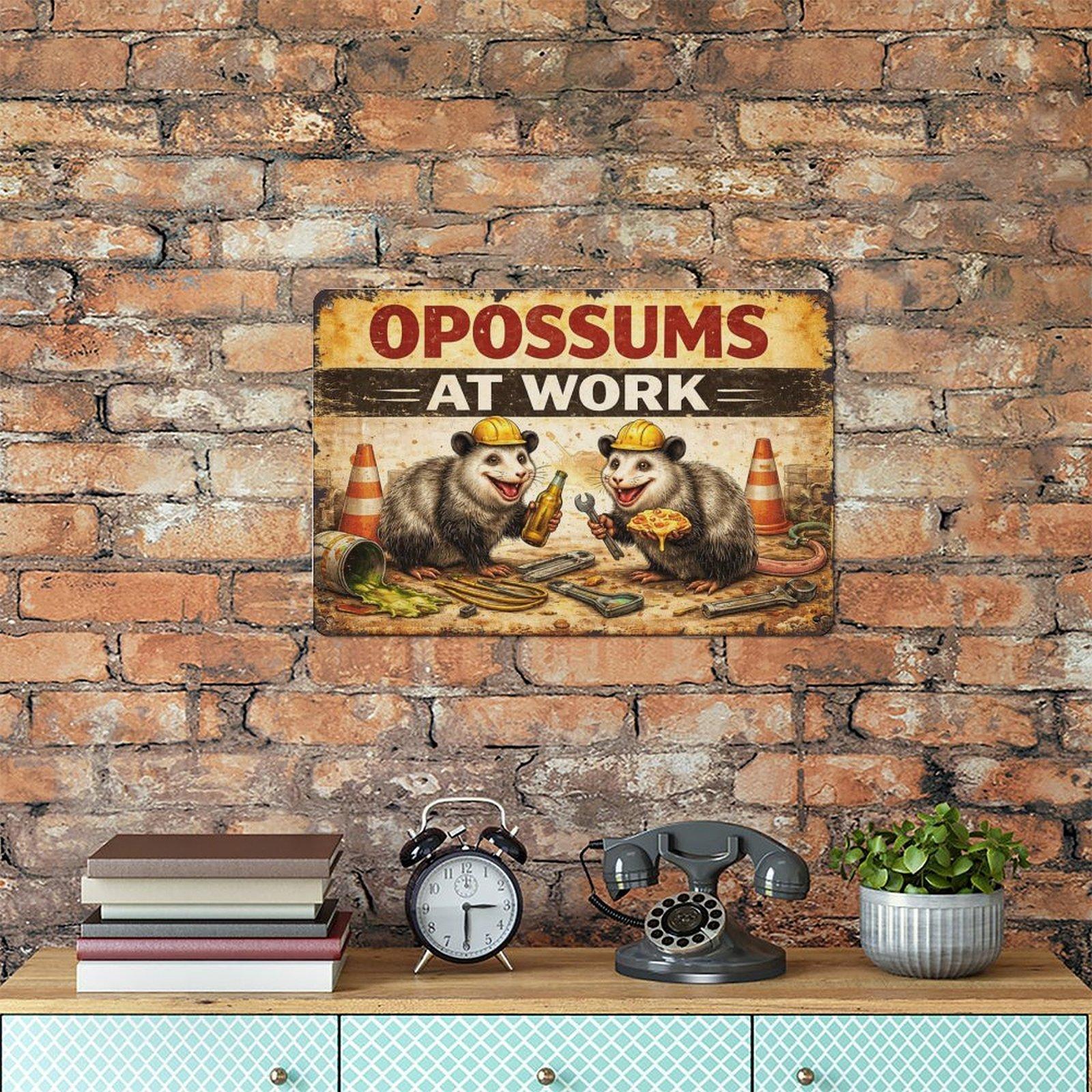12x8 Inch "Opossums At Work" Retro Metal Sign, Funny Opossum Garage Decor for Tool Shop & Home