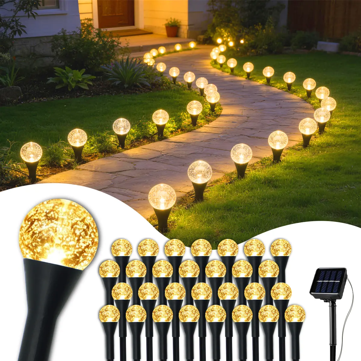 30LED Solar-Powered Outdoor Crystal Ball Mood Lights, Waterproof Landscape Party Lights, 8 Modes, 25ft (7m) Cable, Camping Garden Pathway Decorative Lamps