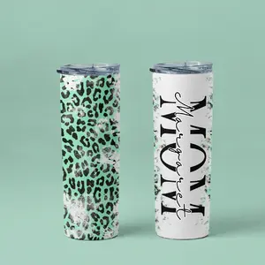 20oz Skinny Mom Tumbler-Distressed Cheetah Print - Personalize with Name - with lid & 2 straws