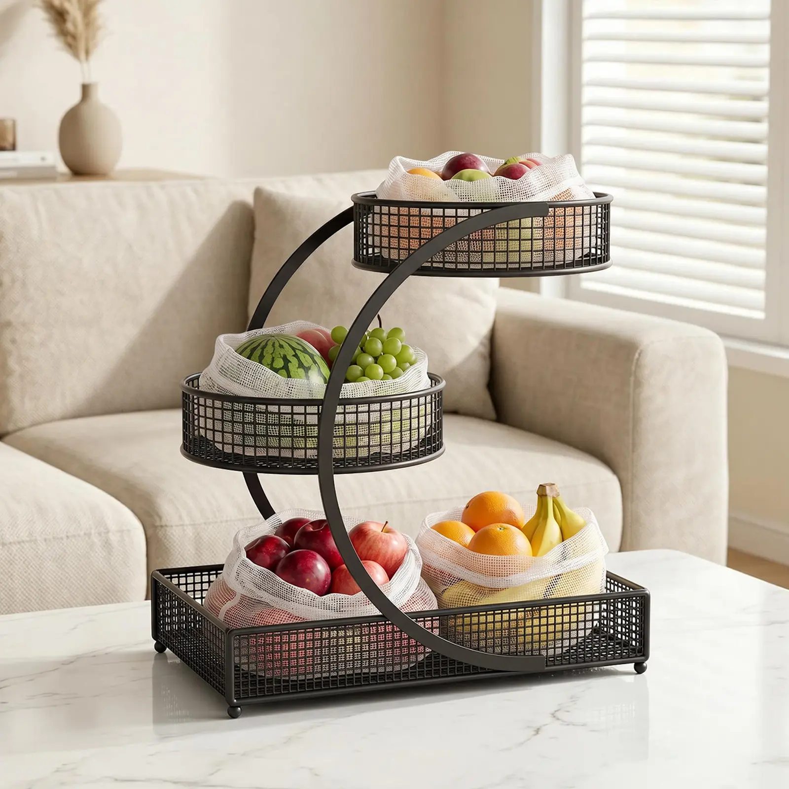 3-Tier Metal Multi-Purpose Organizer, Countertop Storage Rack for Makeup, Fruits, Skincare & Household Items, Versatile Holder for Vanity, Kitchen, Bathroom and Home Decor (Black)