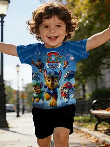 Paw Patrol Digital Print T-shirt, Funny Graphic Tees, Cartoon Print Top, Infant & Toddler Short Sleeve Set, Suitable for Daily and Outdoor Activities, 100% Polyester, Perfect Gift for Infants and Toddlers!