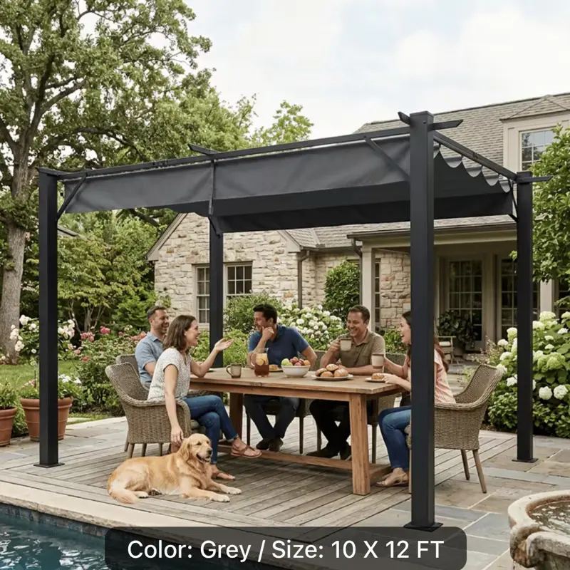 12X10Ft Retractable Pergola Kit with Adjustable Louvered Canopy Aluminum Outdoor Patio Gazebo Cover Waterproof Sun Shade Roof for Backyard Deck Garden Grey Blue