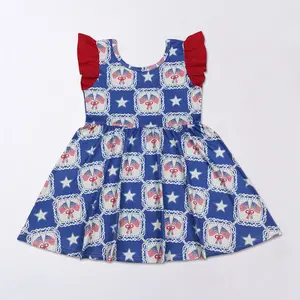 Girls 4th of July Dress, Patriotic USA Flag & Star Print Ruffle Sleeve Dress, Toddler Independence Day Casual Twirl Dress