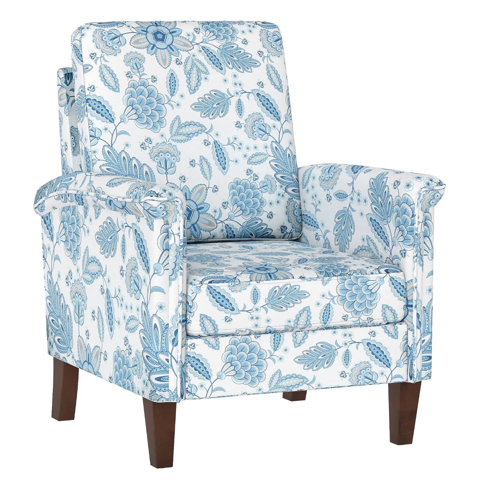 COSTWAY - Floral Accent Chair Farmhouse Boho Armchair with Solid Wood Legs and High Back-Blue