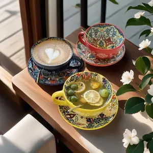 Ceramic Coffee Cup & Saucer & Spoon Set, 1 Set Boho Style Coffee Cup Set, Drinking Supplies for Home Office Use, Vanity Decor Accessories, Drinkware, Iced Coffee Drinkware, Coffee Cups Gift