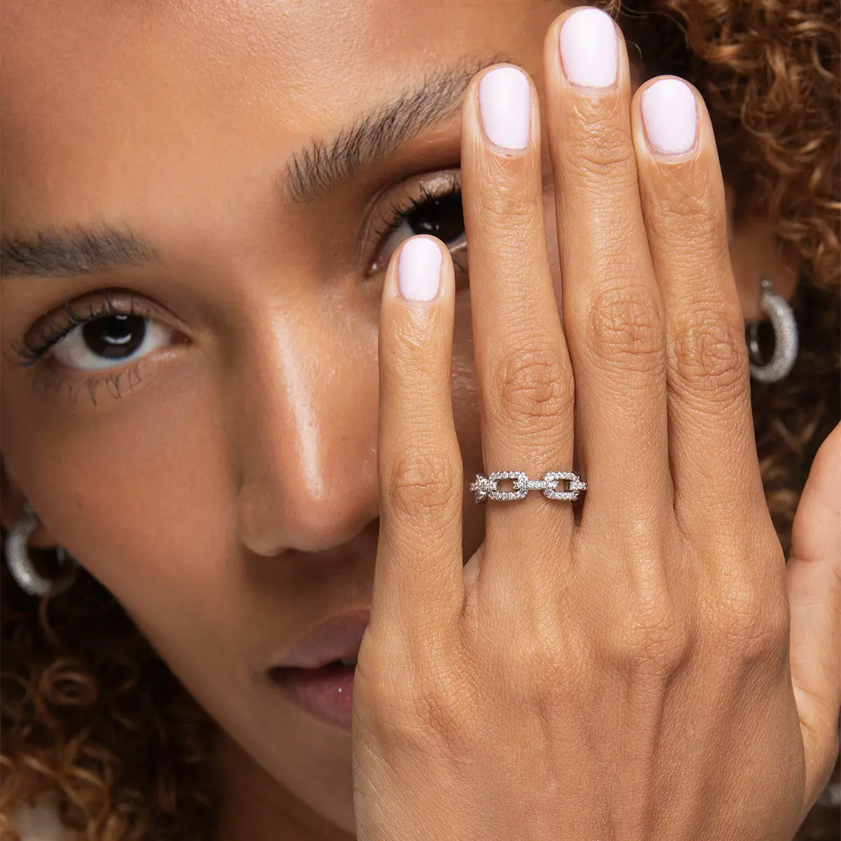 Laila White Rhodium Female Ring with Cubic Zirconias, Elegant Adjustable Statement Jewelry for Women, Fits Sizes 5-7, Casual Wear