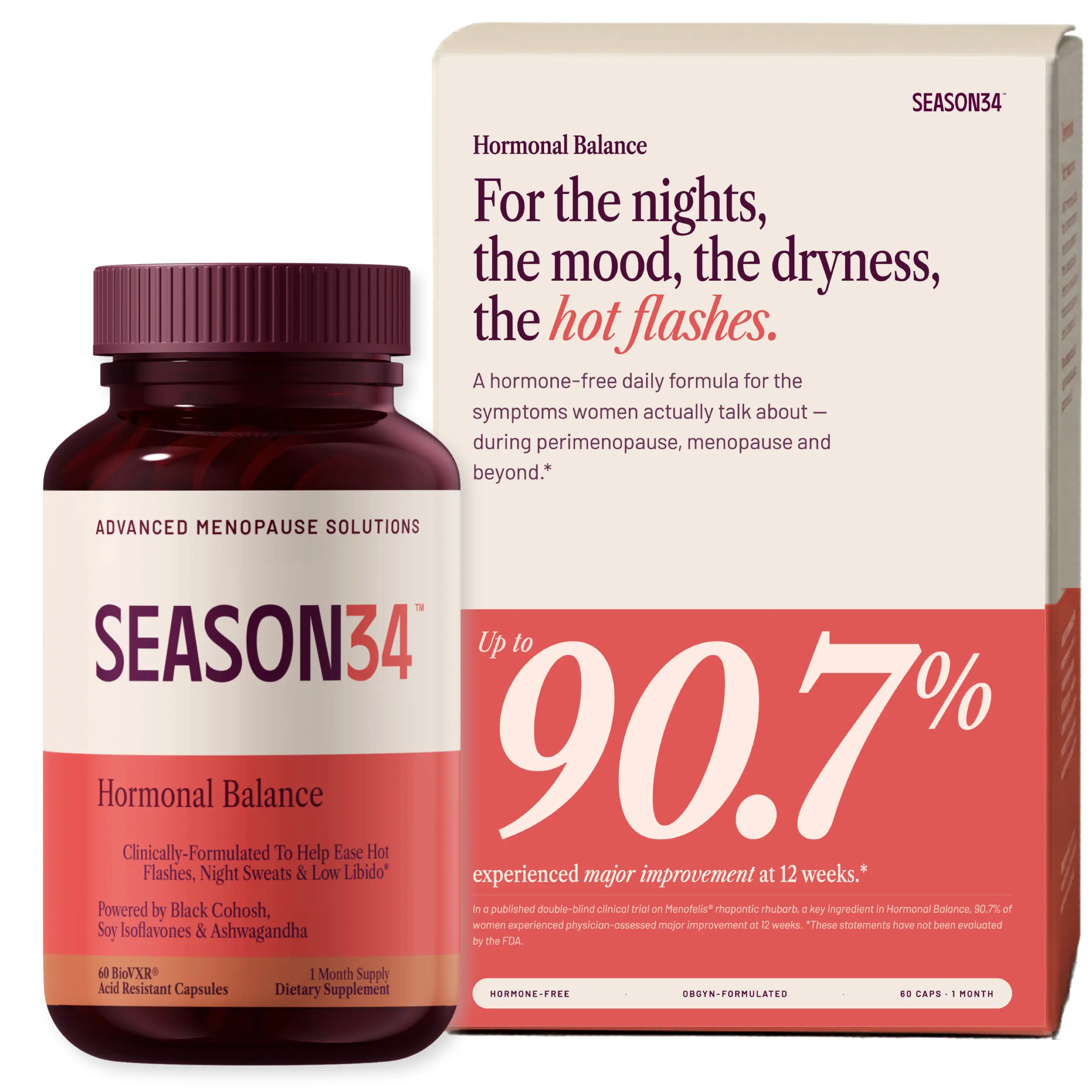 SEASON34 Hormonal Balance for Perimenopause & Menopause – Hot Flash & Night Sweat Support – Mood & Hormone Support – Hormone-Free – Vegetarian – Non-GMO – 30-Day Supply