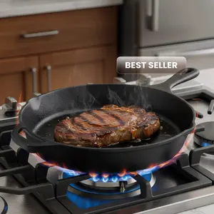 Pre-Seasoned 12-in Cast Iron Frying Pan - Heavy Duty Cookware, Multipurpose Indoor Kitchen Supplies Skillet