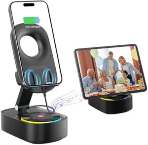Wireless Speaker with Stand and Power Bank, Rechargeable Induction Audio Bluetooth Speaker, Unique 5in1 Cellphone Holder USB Emergency 2000mAh Portable Power Mobile Tablet Stand with Colorful Ambient Light Birthday Gifts for Boyfriend Friend, Family