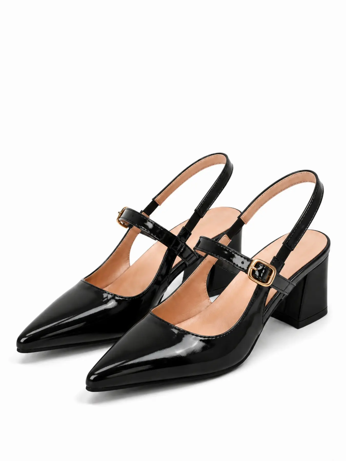 Retro Pink Patent Slingback Block Heels - Pointed Toe Double Strap Pumps Women Shoe Footwear Summer