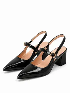 Retro Pink Patent Slingback Block Heels - Pointed Toe Double Strap Pumps Shoe Footwear Summer