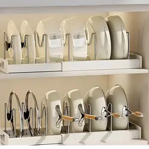 [Spring & Easter] Expandable Pot and Pan Organizer Rack - 7 Stainless Steel Adjustable Dividers for Kitchen Cabinet Organizer & Storage White Durable Metal Accessible