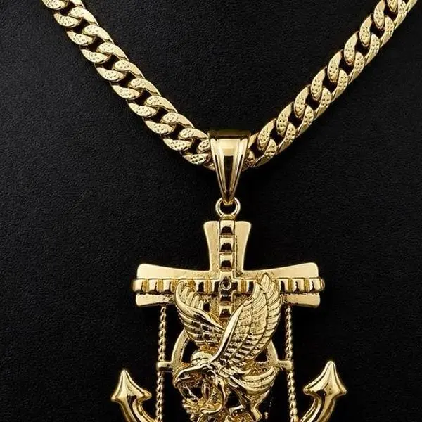 14K GP Fashion Hip Hop Sailor Anchor Eagle 1.77" Pendant Size - Luxury Pendant with Upgraded Cuban Chain 20’ 6 mm 24’ 6 mm  - Unisex Jewelry Brass Material Necklace Gift