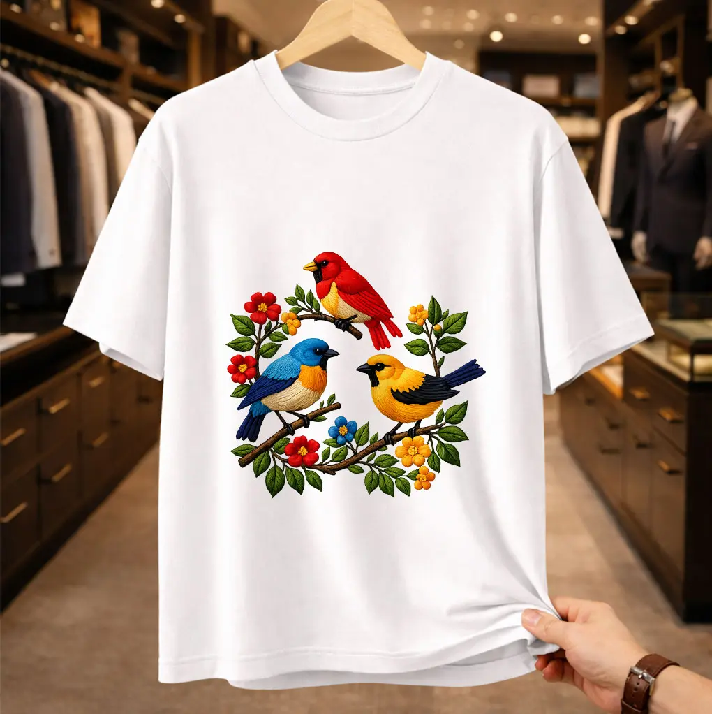 Menswear Unisex Classic Cotton-Linen-Denim Blend Short-Sleeve T-Shirt - White, Minimalist Relaxed Fit, Textured 3D Knit Birds Graphic, Colorful Faux Embroidery Songbirds, Cottagecore Cardinal Floral Casual Summer Top, Songs