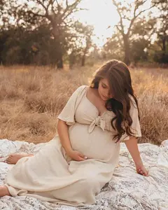 Bow Flutter Sleeve Solid V-neck Flowy Cute Gender Reveal Maternity Maxi Dress