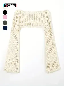 Women's Y2K Hollow-Out Flounce Sleeve Super-Cropped Cover-Up, Casual Long Sleeve Boat Neck Knit Top for Daily Wear and as a Swimsuit Cover-Up, Sheer Cover Up, Swimsuit Cover Ups, Swimwear Cover Up, Swimsuit Coverups, Women's Clothes for Fall