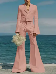 INCERUN Men's Casual Solid Color Flounce Sleeve Cropped Blazer And Flare Pant Set, Fashionable Versatile for Daily Wear