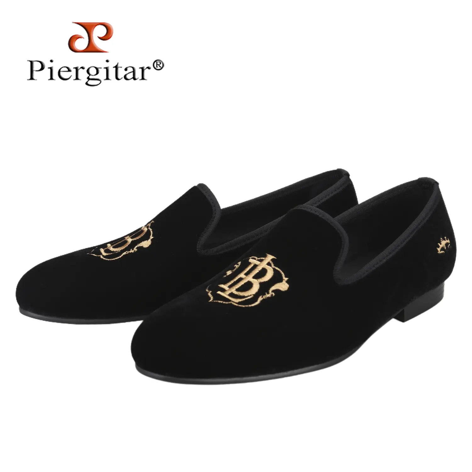 Piergitar Black Velvet Men's Loafers with Custom Gold Initials Embroidery Comfortable Footwear for Men