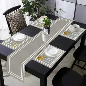 1 piece/5 piece set/7 piece set, gray themed with geometric white frame design, Rectangular Shape, table flag, Table Runner and placemat set, washable placemat table flag, used for home kitchen, outdoor parties, dining table flag placemats