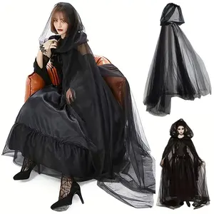 Halloween Witch Costume Hooded Cloak Hooded Mesh Witch Grim Reaper Cloak Vampire Cape Halloween Cosplay Role Play