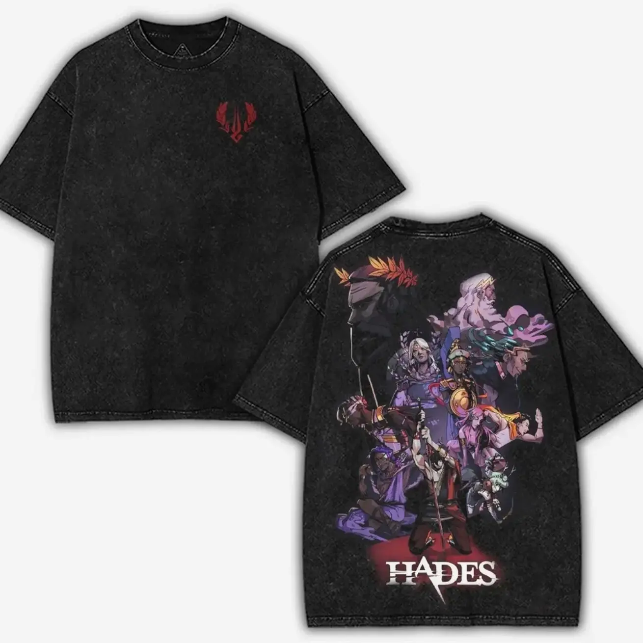 Hades Washed Unisex Graphic Tees, Casual Crewneck Short Sleeve Washed Tshirt 2 Sided Cotton unisex graphic tees gamer merch Fabric alt clothes ODM